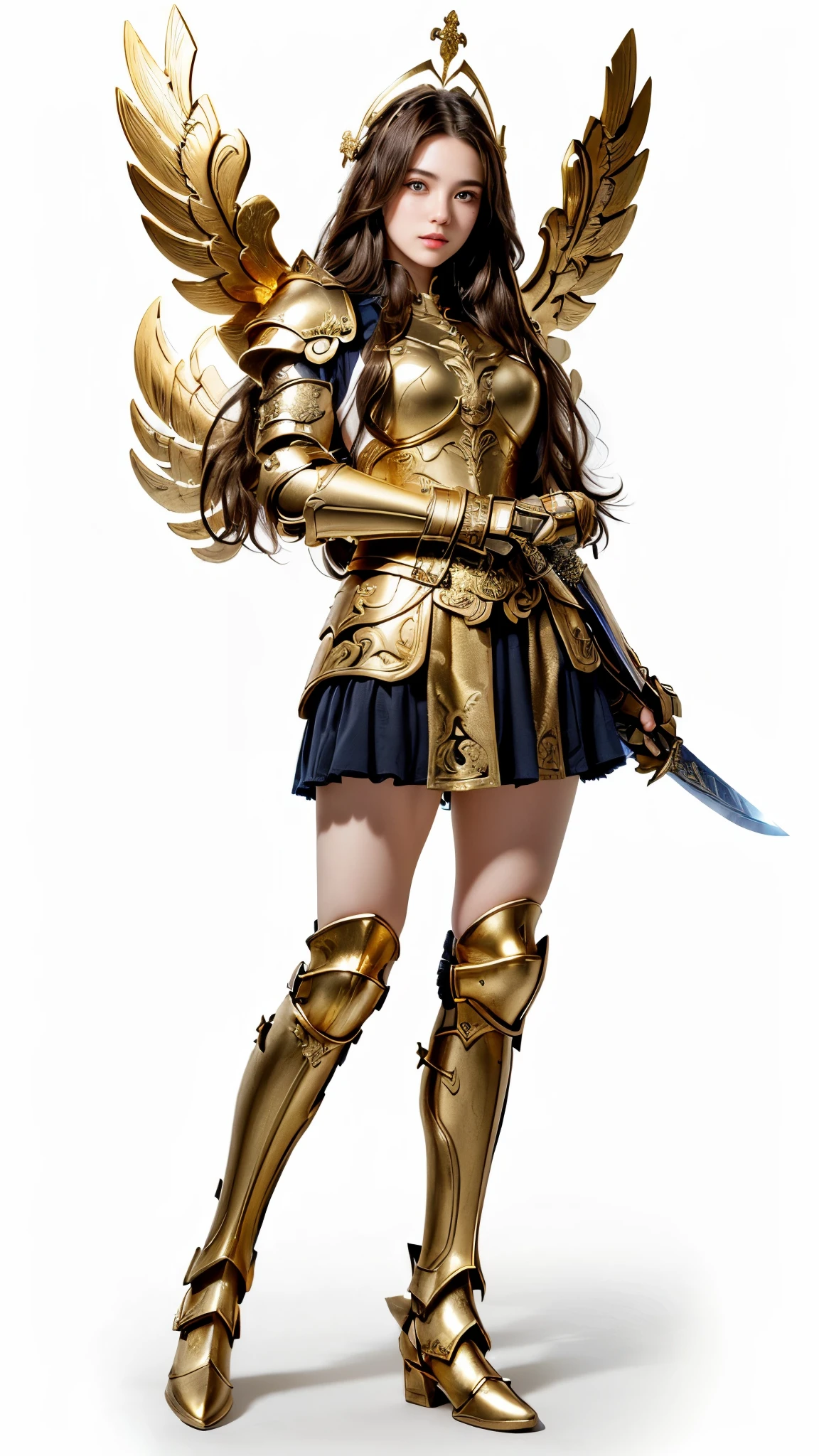 a close up of a girl in a dress holding a sword, angelic golden armor, ornate white and gold armour, intricate white and gold armor, pretty female cleric, picture of female paladin, armor girl, gilded shiny armour, mechanized valkyrie girl, npc with a saint's halo, female cleric, heavy white and golden armor, gold paladin, cleric, 
([long hair hair]:1.8), (full body:1.8), (upper body up:0.3), (hyper realistic:1.4), (realistic:1.3), (best quality real texture skin),

Detailed eyes, detailed face, PERSEPHONE, (SFW:1.5)
