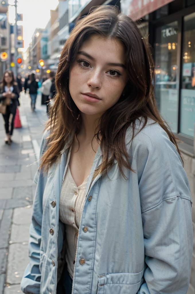 close front facing photograph of hnnhxl, portrait photography, soft light, afternoon, busy street, RAW format high quality photograph, wearing jacket, (freckles:0.7), Fujifilm X-E4, Fuji 75mm f1.2 lens, 