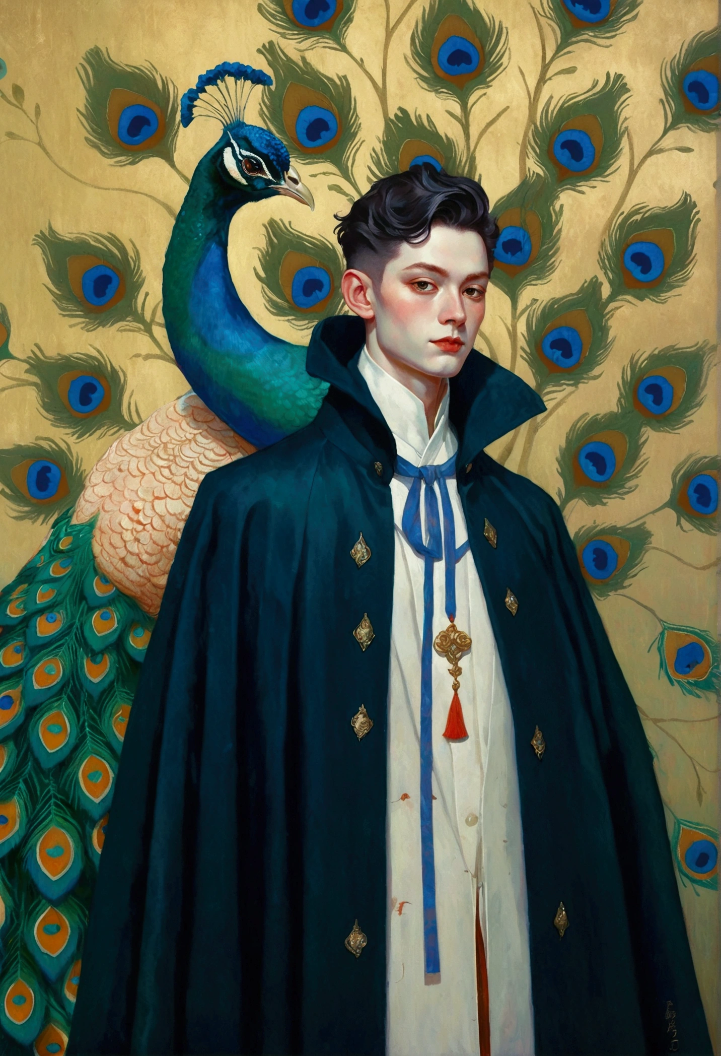 A man in a cloak，A peacock perched on his shoulder, James Jean Andre Ryabovich, james jean 和 wlop, By Martin Johanna, james jean marc, Tom Bagshaw Donato Giancora, James Jean&quot;, james jean 和 peter mohrbacher, James Gene Art, adrian borda, james gien style, inspired by james christensen