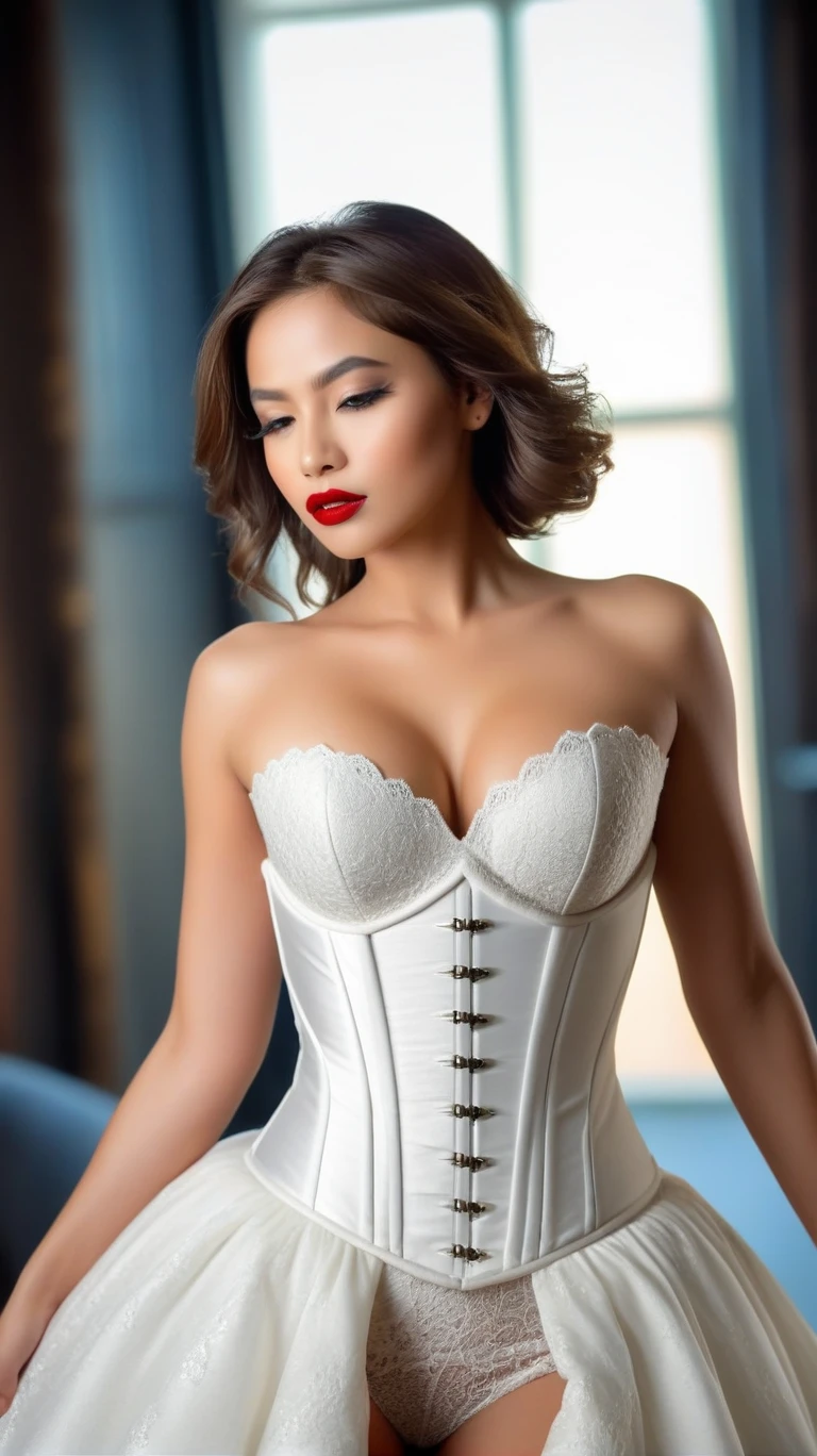 (best quality,4k,8k,highres,masterpiece:1.2),ultra-detailed,(realistic,photorealistic,photo-realistic:1.37),beautiful eyes,beautiful lips,detailed face,red lipstick,gorgeous woman,white dress,elegant fashion model,elegant look,long eyelashes,confident expression,flawless skin,posing gracefully,head to stomach shot, black lace strapless corset, medium Breasts,flowing fabric,soft and silky material,graceful movement,vibrant colors,artistic lighting,studio photo shoot, dreamy atmosphere