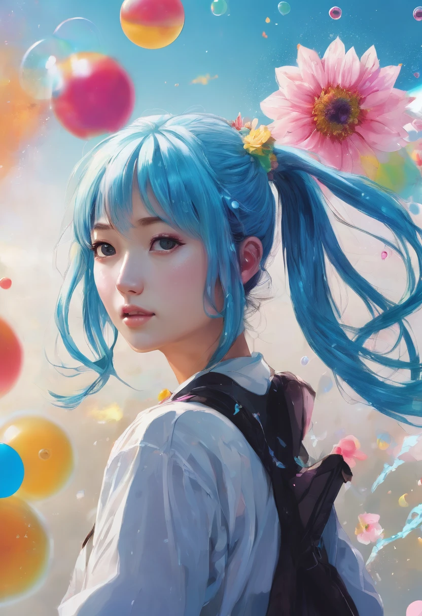 (masterpiece), (Best quality), (Ultra detailed),(loose hair),(illustration), (1 girl), (fashion clothes), standing, Model, I look at the viewer, (interview), (simple background), beautiful detailed eyes, delicate beauty, floating, (high saturation), (Colorful splash), colorful bubbles, (shine), focus on the face, Ponytail, Ayaka Kamisato, Light blue hair, bang, hair bands, floating flowers, loose hair, (brilliant), Better lighting, BEST SHADOWS, perfect hands