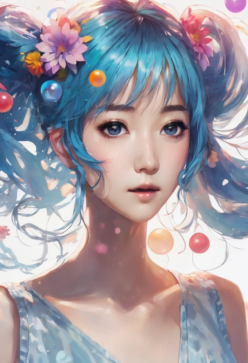 (masterpiece), (Best quality), (Ultra detailed),(loose hair),(illustration), (1 girl), (fashion clothes), standing, Model, I look at the viewer, (interview), (simple background), beautiful detailed eyes, delicate beauty, floating, (high saturation), (Colorful splash), colorful bubbles, (shine), focus on the face, Ponytail, Ayaka Kamisato, Light blue hair, bang, hair bands, floating flowers, loose hair, (brilliant), Better lighting, BEST SHADOWS, perfect hands