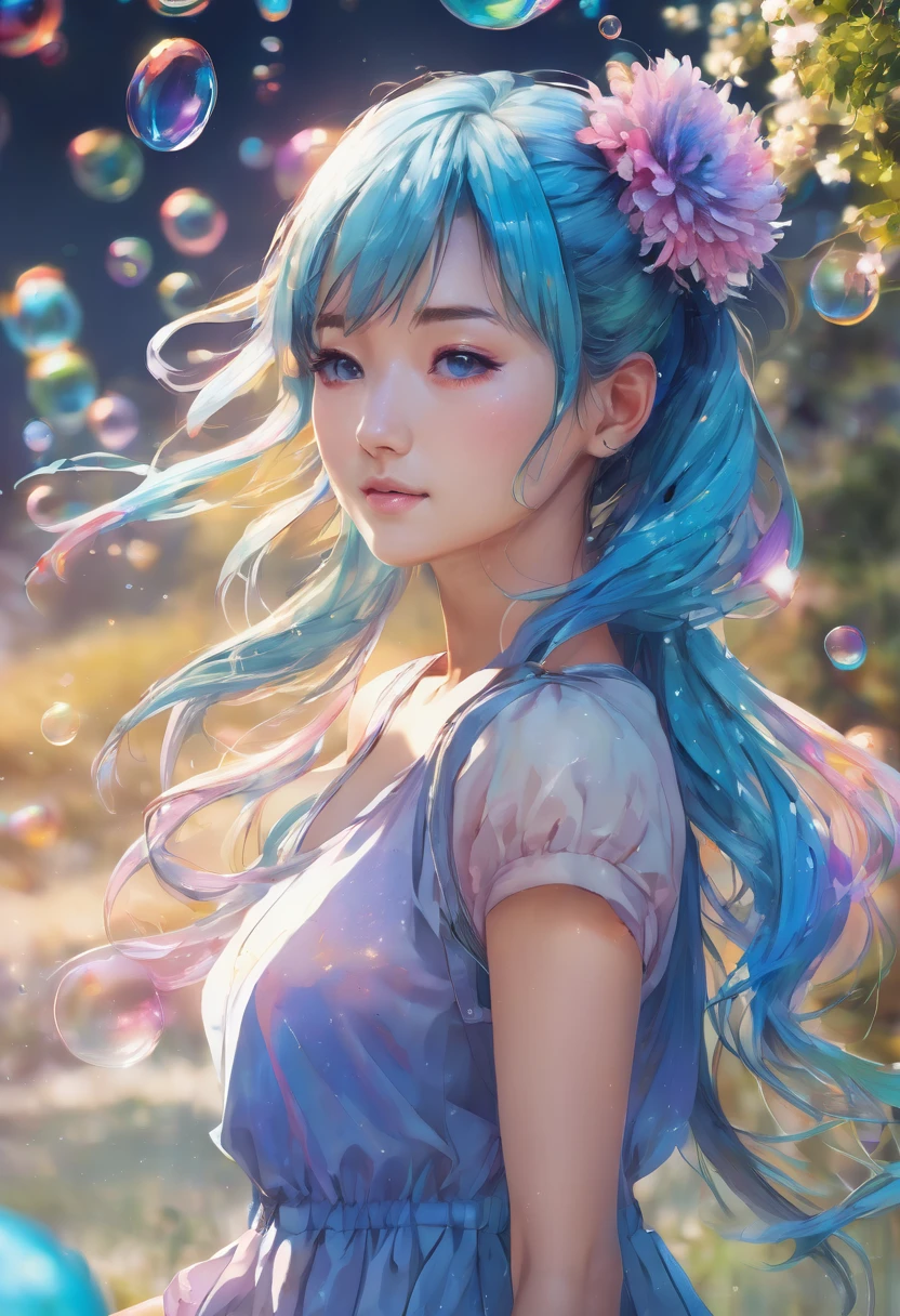 (masterpiece), (Best quality), (Ultra detailed),(loose hair),(illustration), (1 girl), (fashion clothes), standing, Model, I look at the viewer, (interview), (simple background), beautiful detailed eyes, delicate beauty, floating, (high saturation), (Colorful splash), colorful bubbles, (shine), focus on the face, Ponytail, Ayaka Kamisato, Light blue hair, bang, hair bands, floating flowers, loose hair, (brilliant), Better lighting, BEST SHADOWS, perfect hands