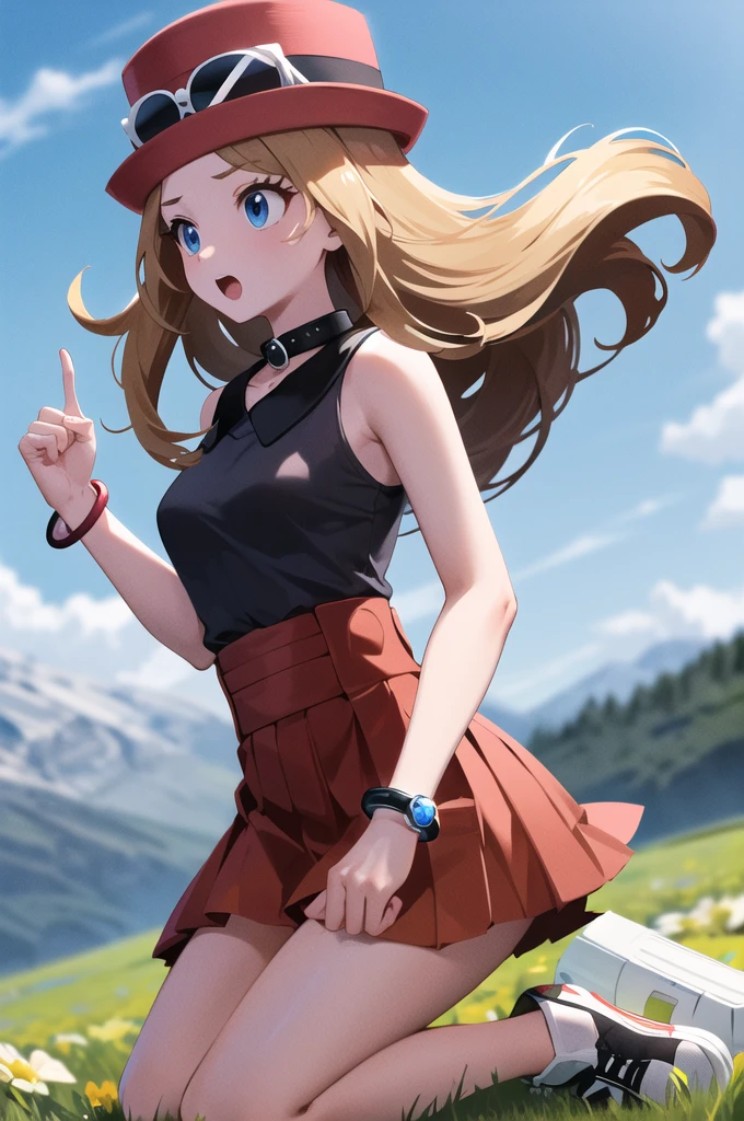 masterpiece, Best Quality, High resolution, blue eyes, Serena \(Pokémon\), 1 girl, Alone, thighs, by the wide, has, jewelry, bracelet, black thighs, collar shirt, pleated skirt, Red skirt, sleeveless, High waist skirt, sleeveless shirt, eyelashes, pink hats, black shirt, glasses in hats, field, wariza, surprised, pointing, Session