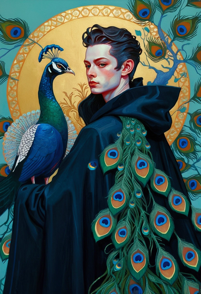A man in a cloak，A peacock perched on his shoulder, Extremely detailed paintings by Martine Johanna, Popular on artstation, Pop surrealism, James Jean Andre Ryabovich, james jean 和 wlop, james jean marc, Tom Bagshaw Donato Giancora, James Jean&quot;, james jean 和 peter mohrbacher
