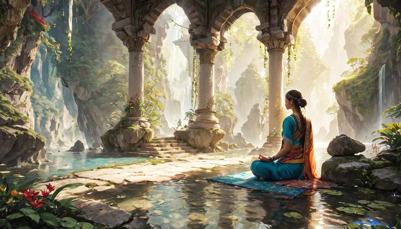 Namaste. Person meditating. Loose Clothes. dreamlike and fantasy world. Feeling of Fullness. details Intricate. cinematic lighting.