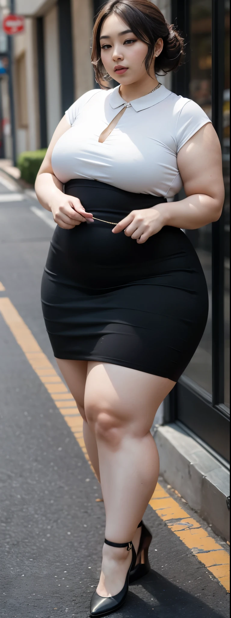 ((best quality)), ((masterpiece)), (detailed), malay woman, perfect face, araffe woman in a dark-black gamis walking down a street, thicc, she has a jiggly fat round belly, bbwchan, wearing tight simple clothes, skinny waist and thick hips, widest hips, her belly is fat and round, soft curvy shape, hyperrealistic full figure, wearing gamis , wide hips