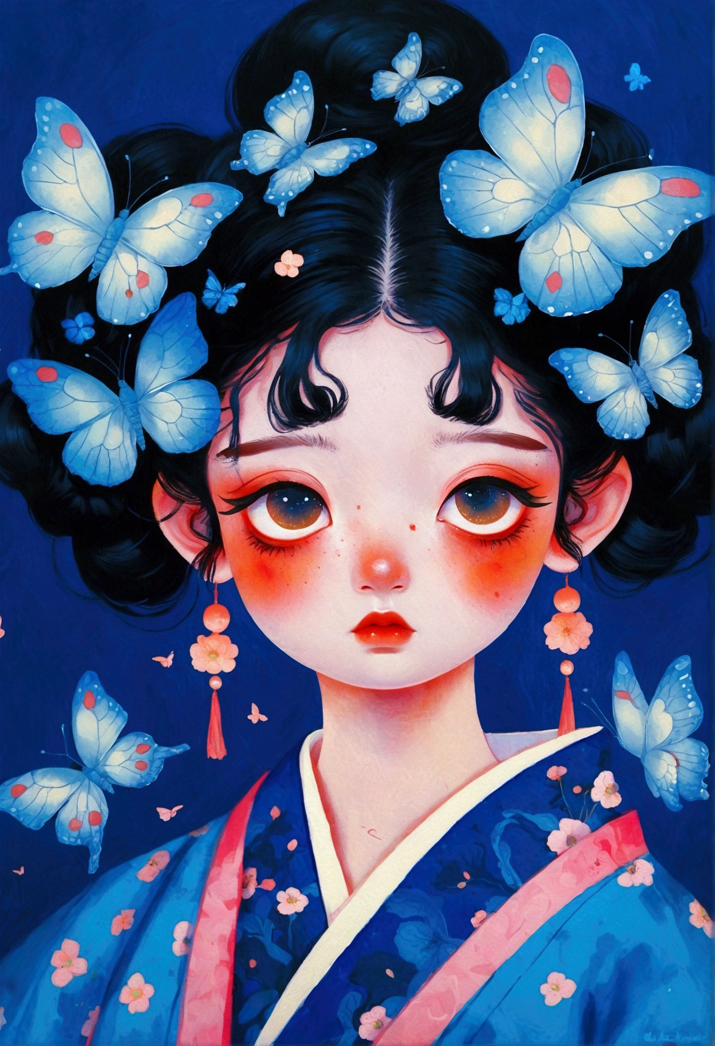 The painting shows a cute girl wearing a Japanese kimono,big eyes,big eyes!!!There are butterflies and eyes on the head, James Jean (James Jean) Inspired by the extremely detailed, Popular on artstation, Pop surrealism, james jean 和 wlop, japanese Pop surrealism, Loish |, James Jean Andre Ryabovich, yanjun chengt, Beeple 和 Jeremiah Ketner, Juster Battle