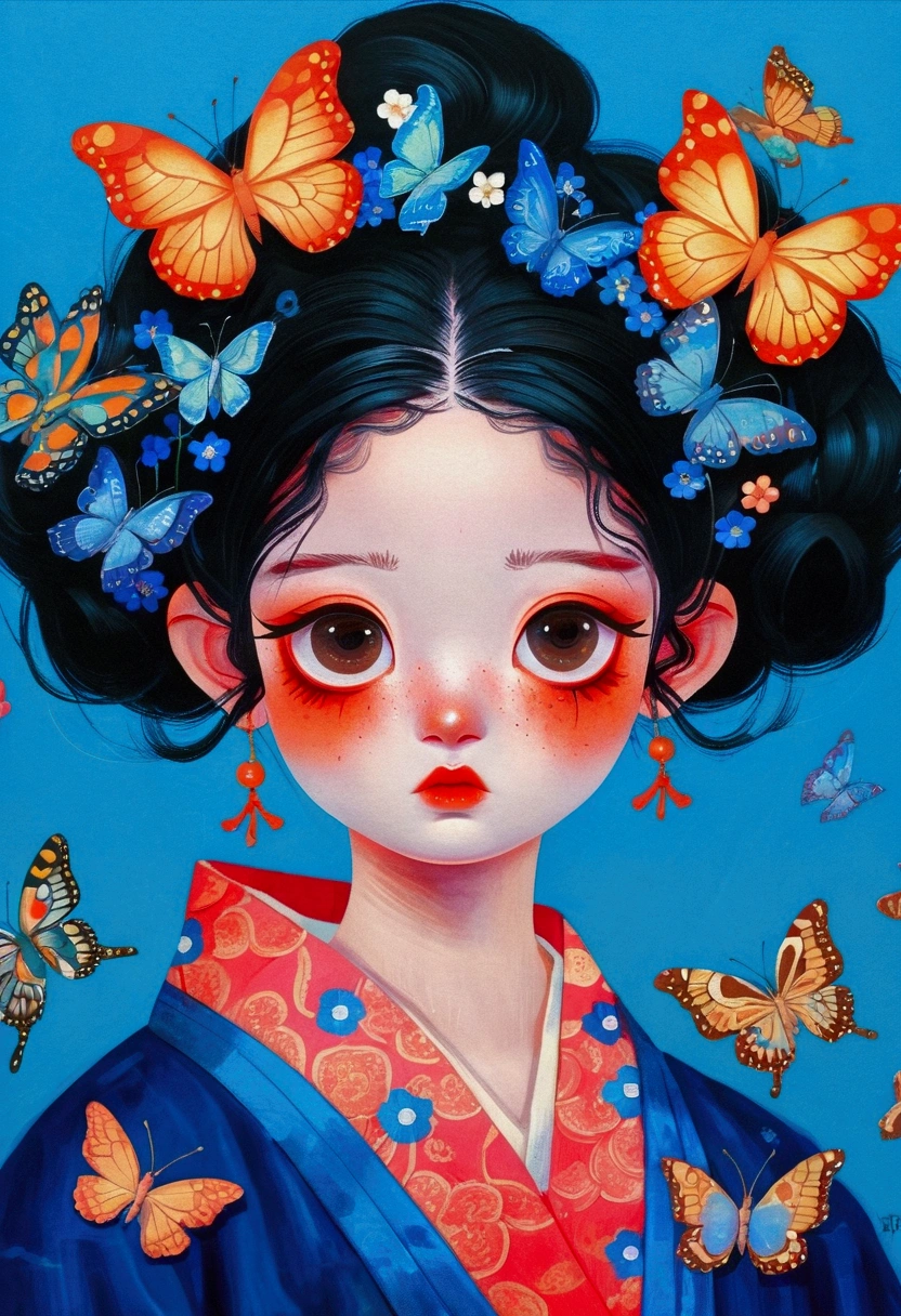 The painting shows a cute girl wearing a Japanese kimono,big eyes,big eyes!!!There are butterflies and eyes on the head, James Jean (James Jean) Inspired by the extremely detailed, Popular on artstation, Pop surrealism, james jean 和 wlop, japanese Pop surrealism, Loish |, James Jean Andre Ryabovich, yanjun chengt, Beeple 和 Jeremiah Ketner, Juster Battle