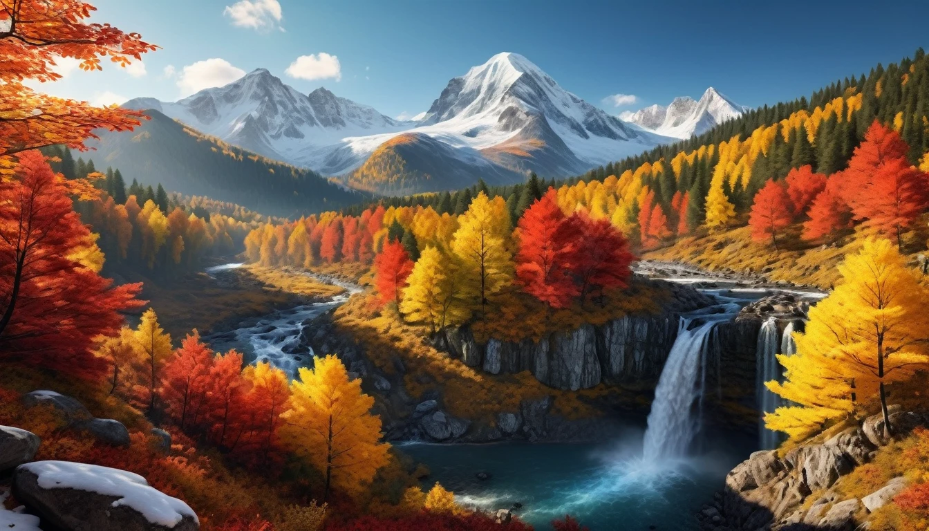A dense autumn forest with vibrant yellow and red leaves, rolling hills in the distance, a majestic snow-capped mountain range, a cascading waterfall flowing from the mountain, dramatic lighting, serene atmosphere, idyllic landscape, breathtaking vista, cinematic composition, realistic rendering, highly detailed, vibrant colors, natural beauty, atmospheric perspective, realistic details, photorealistic, 8k, best quality, masterpiece