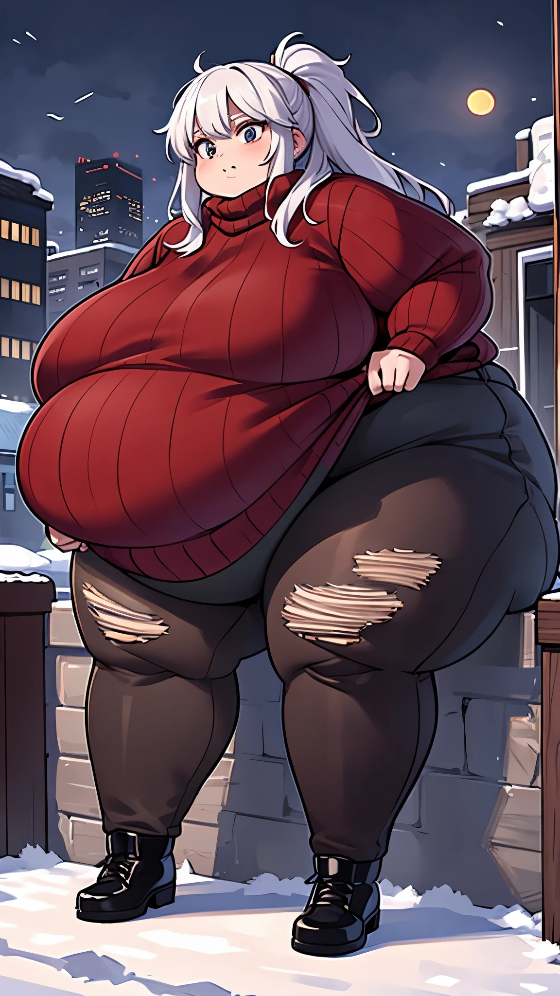 Extremely obese woman, white hair, saggy breasts, big breasts, sitting on a reinert in the middle of a snowy street, huge city, midnight, blood moon , holding a large bag of chips, wearing a fitting red skit wool sweater and ripped jeans