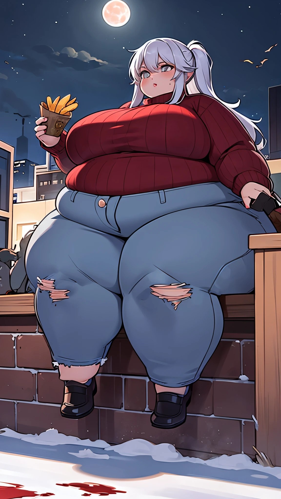 Extremely obese woman, white hair, saggy breasts, big breasts, sitting on a reinert in the middle of a snowy street, huge city, midnight, blood moon , holding a large bag of chips, wearing a fitting red skit wool sweater and ripped jeans