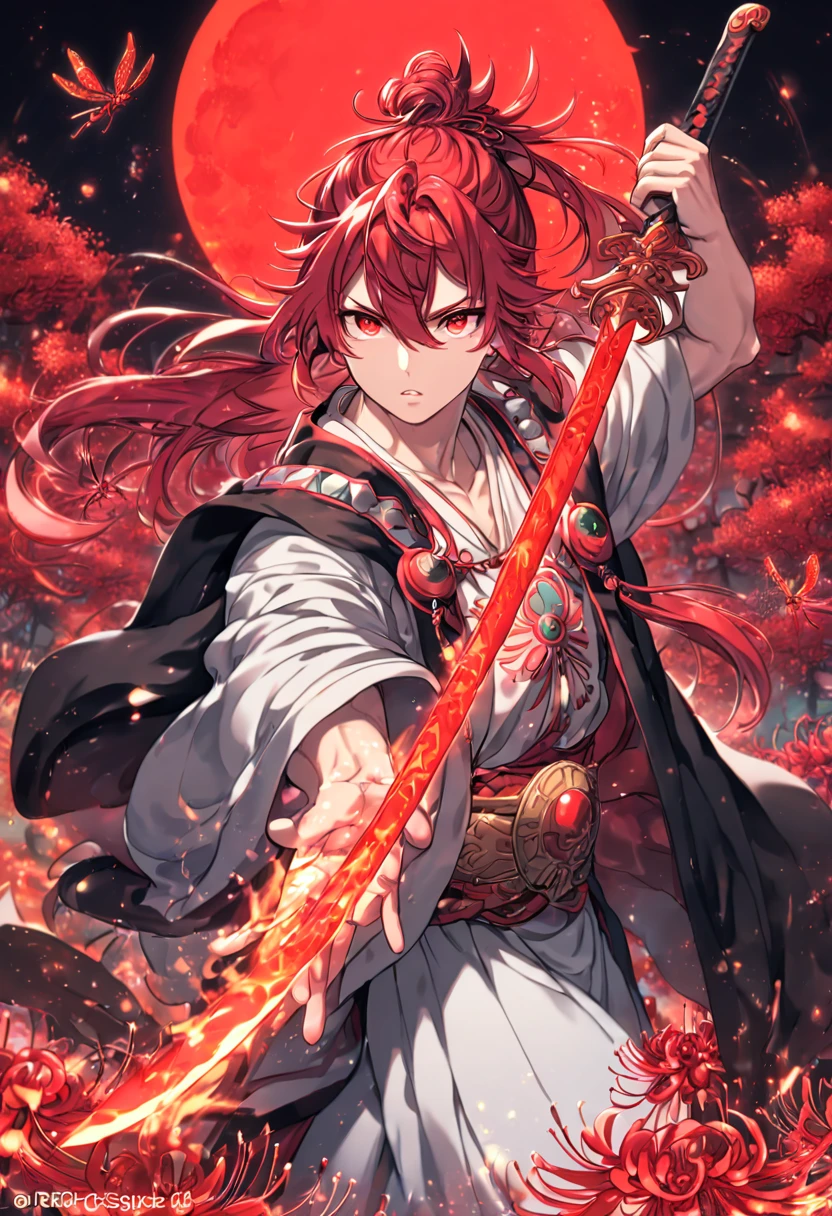absurdres, highres, ultra detailed, HDR, master piece, best quality, detailed eyes, extremely detailed, delicated features, Ren Kouen, red hair, hair tied into a topknot, hair between the eyes, medium length hair, red goatee, expressive red eyes, Magi The Labyrinth of Magic, solo, sexy man, handsome, manly man, adult, mature face, a man holding a sword, traditional clothes that are mainly red white and black in colour along with a black flowing cape, magical, fantasy, red spider lilies, red glittering dragonflies, red glittering moon, garden, red trees, red particles, fire