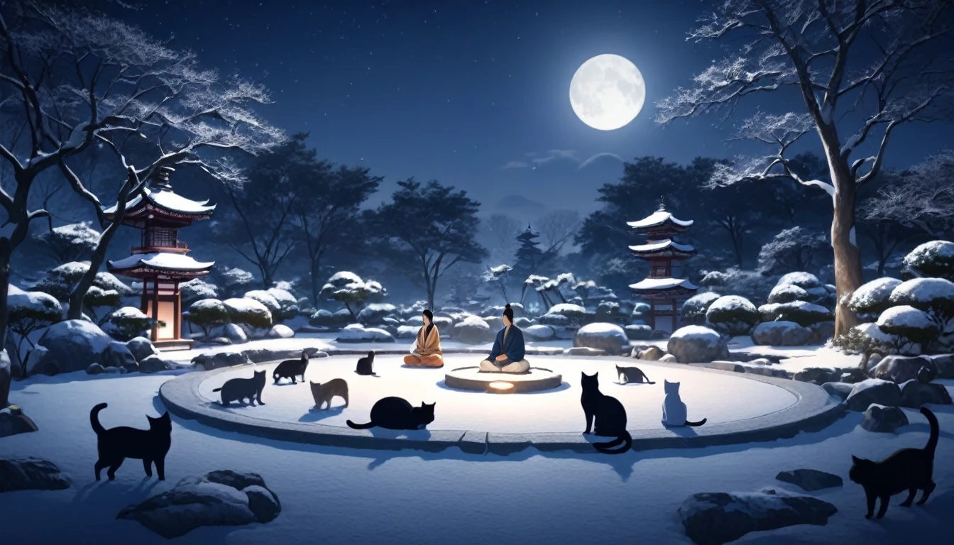 Oriental person meditating surrounded by cats. The setting is a Japanese winter garden, under the moonlight. Beautiful landscape with a winter garden.   night sky. cinematic lighting. Person meditating. meditation 