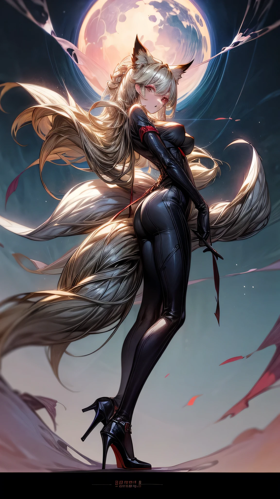 watercolor,pixiv,Han Manfeng,Castlevania style,Gothic ,Hades style,in the style of Atey Ghailan, 90s comic book covers, 2D game illustration style, Full body portrait, Anime Aesthetics.(Nine-tailed Fox,Fox Girl,Royal sister,With silver blonde hair, Long hair and big eyes,The coccyx has nine fox tails and long legs wearing high heels,Sexy,Big breasts,Ethereal,Charming black gloves)Close shot,Mid-shot,Anime art style, Moonlight Background, Dark Fantasy,Ultra-clear,Exquisite details