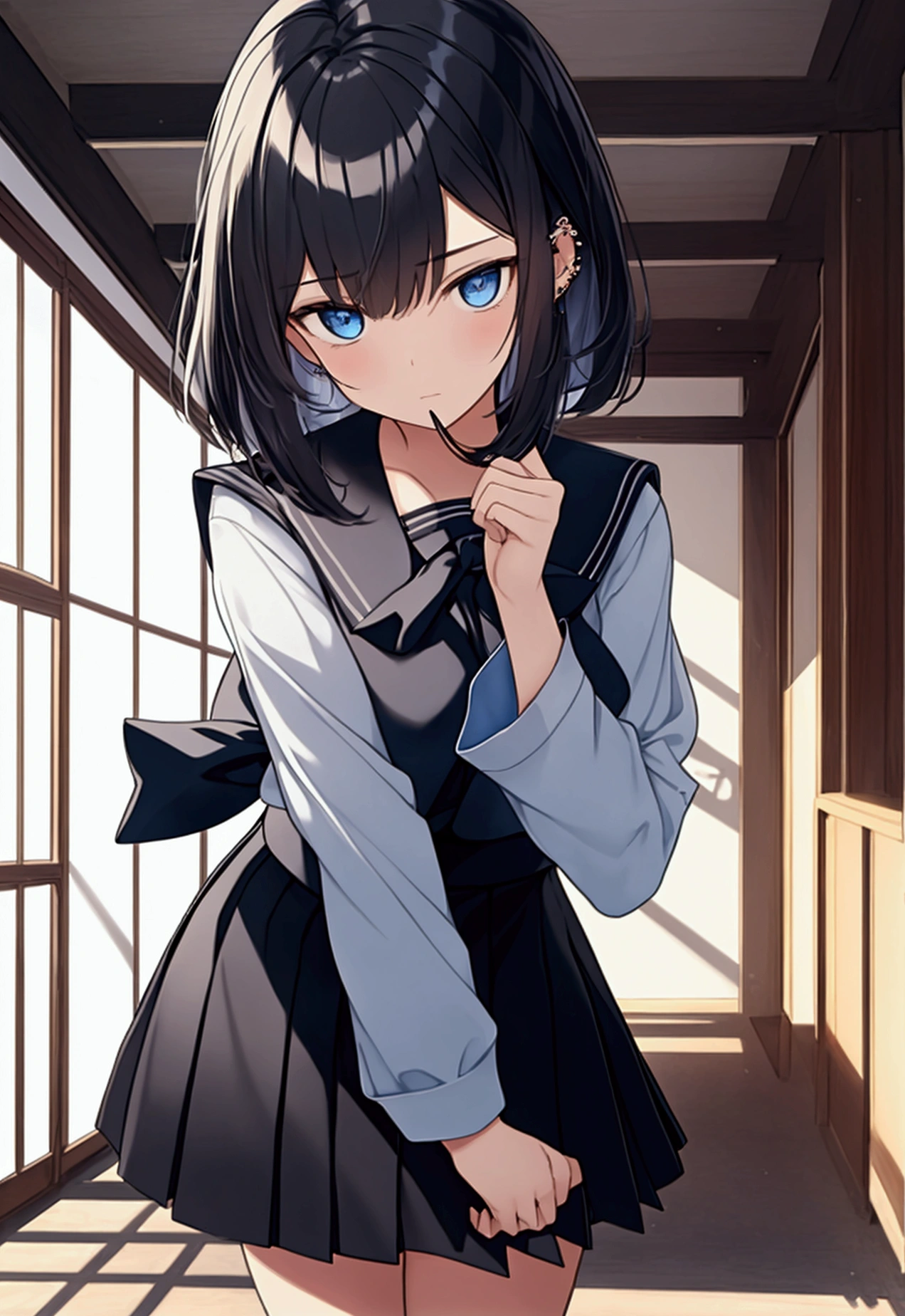 A very pretty girl with short black hair, and piercing blue eyes, He is standing with a serene but intriguing expression. He wears a classic Japanese school uniform, which includes a white blouse with a navy blue bow, a blue pleated skirt and dark stockings. His hair is slightly disheveled, adding an air of mystery to your appearance. The scene is set in a school environment, with dark and empty hallways, or a classroom with dim lighting that casts long shadows. The girl is looking into the camera, His eyes shine with an intensity that suggests he knows more than he&#39;s letting on.. His pose is relaxed but enigmatic, perhaps with a hand in his pocket or playing with a strand of his hair. The general atmosphere of the image is one of mystery, with a touch of suspense, as if the girl was hiding a secret or was involved in a deep and intriguing story.