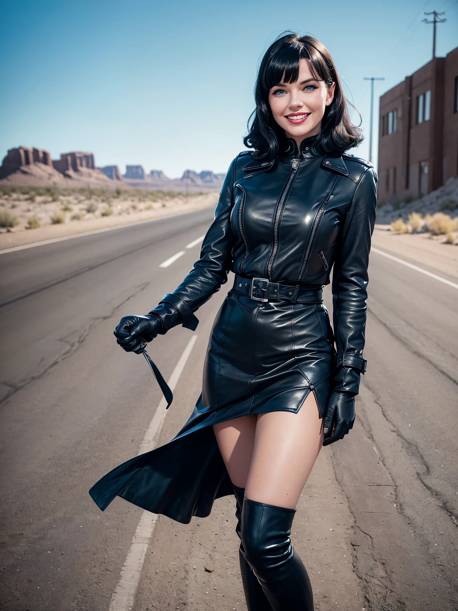 Betty Page smiling girl with blue eyes and black leather coat gloves and a skirt , on the highway, wasteland, arizona, lot 66, and the photo is taken from the front 4k, 8k hyper-detailed