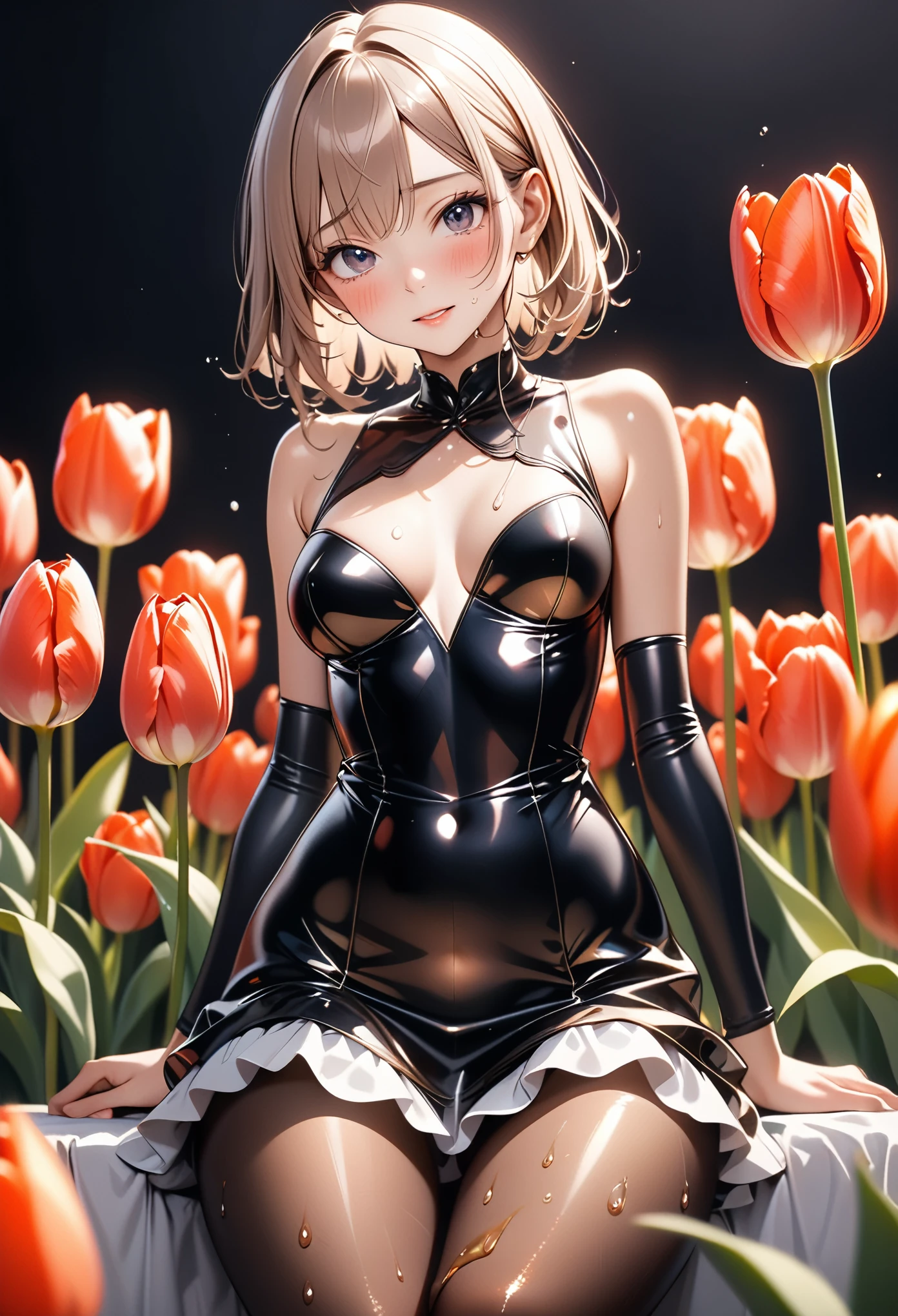 ((Tulip-inspired dress)), ((skirt)), ((pantyhose)), ((Shiny Costumes)), skindentation, skinny, solo, 1 woman, Masterpiece, highest quality, highest quality, 16K, incredibly absurd, highly detailed, 2.5D, ai-generated, delicate and dynamic, very delicate facial expressions, delicate eye depiction, erotic, only sexy woman, ((A cute and kind face)), healthy figure, ((25-year-old woman)), 160cm tall, medium firm swaying bust, , blush, Sweat,Embarrassed,sexy, ((thin thighs)), (camel toe:0.7), (visible nipples:0.3), (Erect nipples,:0.7), shiny and lustrous, facing straight at viewer, (((in heat))), ((Oily_skin)),, ((dutch angle)), ((erotic pose)), (Sitting on a big Tulip), (((Holding a tulip))),