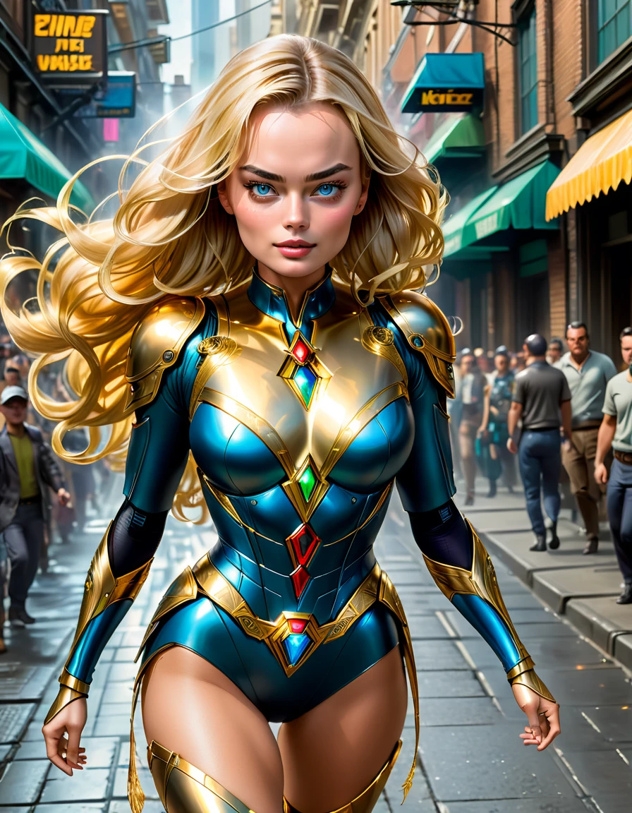 Margot Robbie as An enigmatic beautiful golden haired woman, she's from other planet, has extraordinary strength and power, seeking for her cousin, Donning a Kryptonian noble warrior costume, levitate, insanely detailed and intricate background scene, the eighties era, professional masterpiece street photography, in midjourney 5 style. in 4x upscale