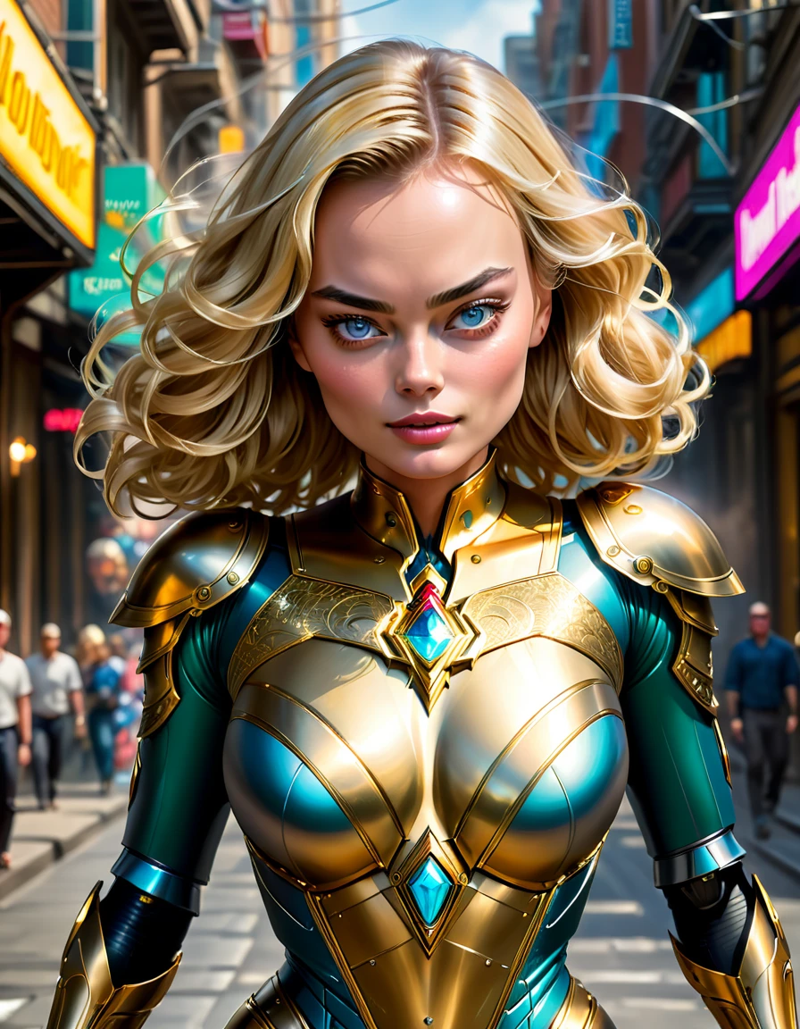 Margot Robbie as An enigmatic beautiful golden haired woman, she's from other planet, has extraordinary strength and power, seeking for her cousin, Donning a Kryptonian noble warrior costume, levitate, insanely detailed and intricate background scene, the eighties era, professional masterpiece street photography, in midjourney 5 style. in 4x upscale