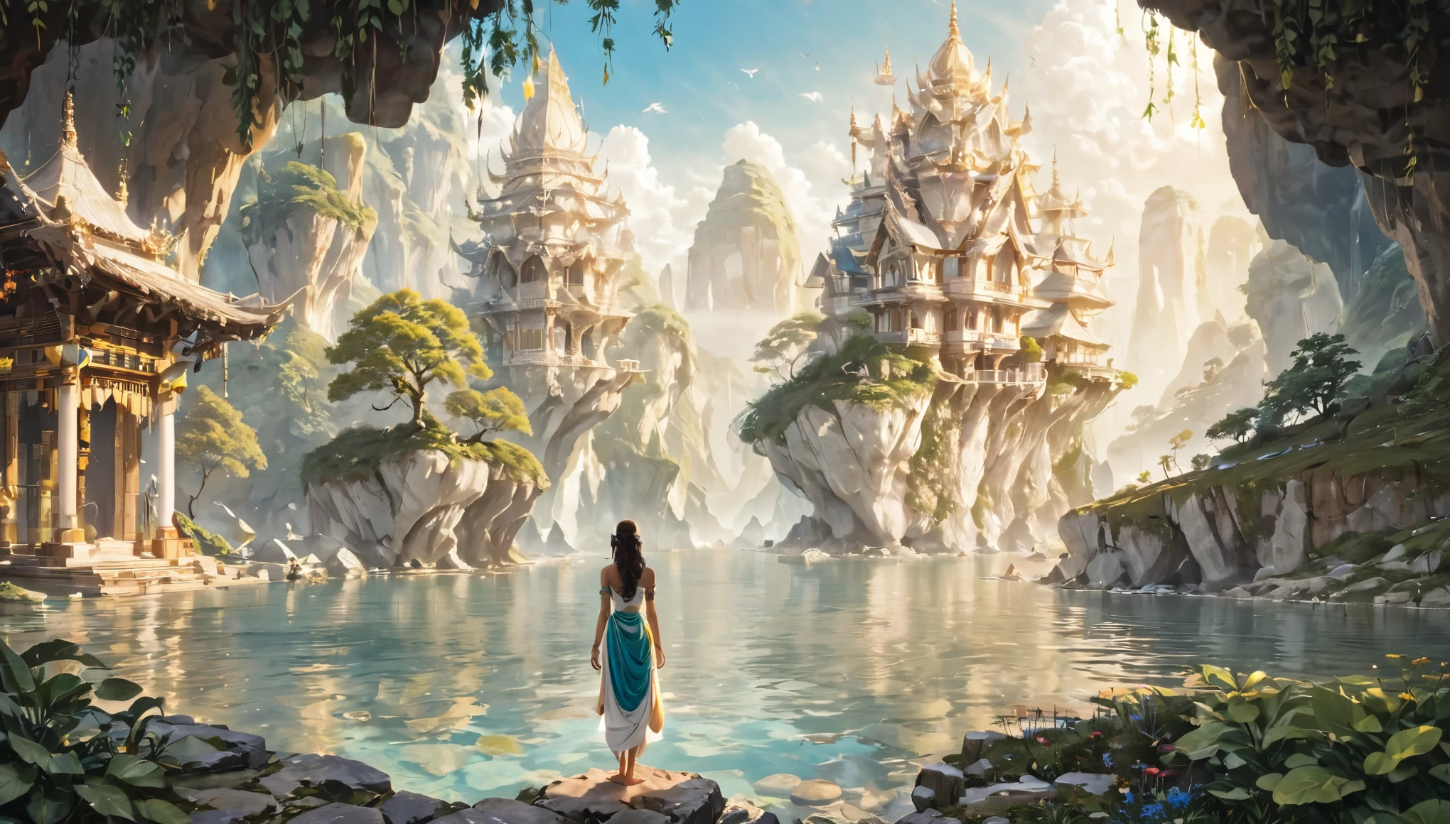 Namaste. Person meditating. Loose Clothes. dreamlike and fantasy world. Feeling of Fullness. details Intricate. cinematic lighting.