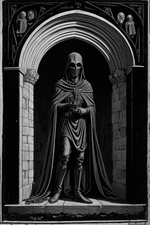 medieval image of a dark alien, horor, death and destruction, black andwhite, low quality