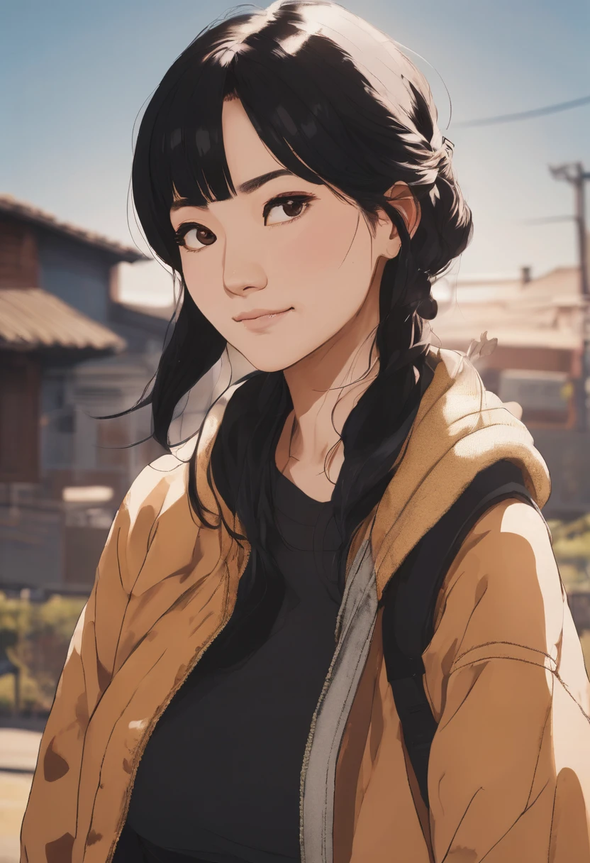 A 30-year-old lady, shot in the chest, black eyes, black hair, Warm background, Smirk