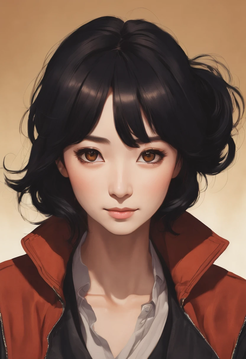 A 30-year-old lady, shot in the chest, black eyes, black hair, Warm background, Smirk