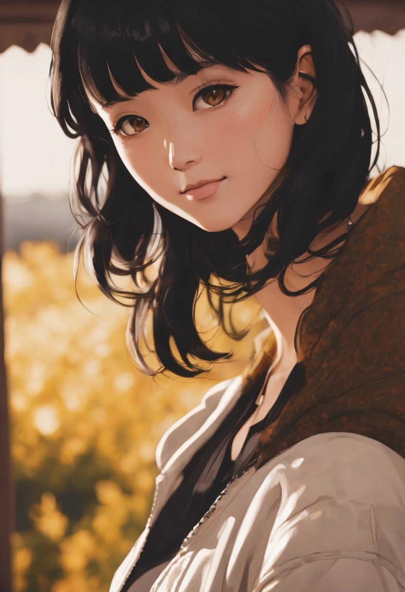 A 30-year-old lady, shot in the chest, black eyes, black hair, Warm background, Smirk