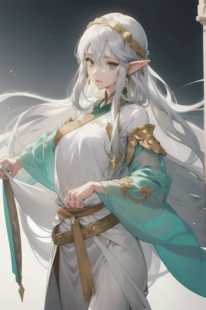 (Absurd, High resolution, Super detailed), (One girl:1.3), whole body、Gray Hair,Long Hair, Gaze, とてもLong Hair, Elf、Green Eyes、Arabian dancer in white clothes、Droopy eyes, Simple Background, anime風, anime, Gold Accessories、Body facing forward、Character portrait, Lots of white space, 