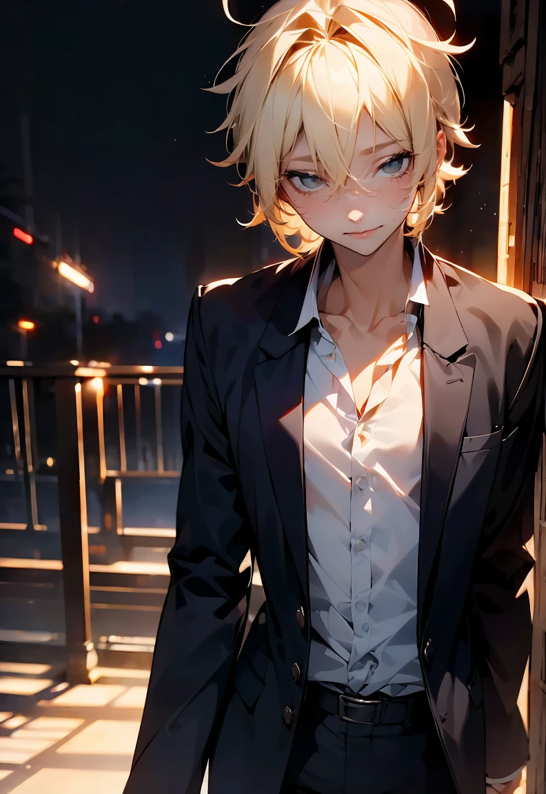 One male character, adult male, bishonen, pretty, handsome, yandere, soft smile, completely black eyes, blonde, short hair, messy hair , all lack modern clothes, pale skin, looking at camera, charming pose, date night, warm colors, creepy soft smile.