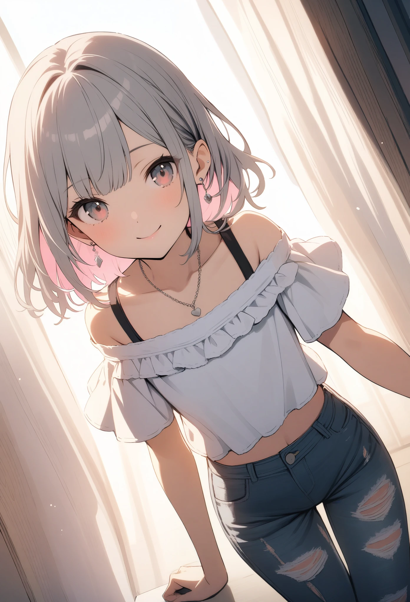 Very cute 15 year old girl, ((She has some silver earrings in her ears.. necklace、Off-the-shoulder short shirt、Distressed jeans))、(Gray hair color、Light pink inner color hairstyle、Hair expressed with a delicate touch), Beautiful Hair, Facial Contour, Remember, sunlight, Lens flare、illumination、Natural Color, High resolution, Very delicate, Very detailed, 8k、Fashion district、((Naughty feelings)),smile、Full body angle