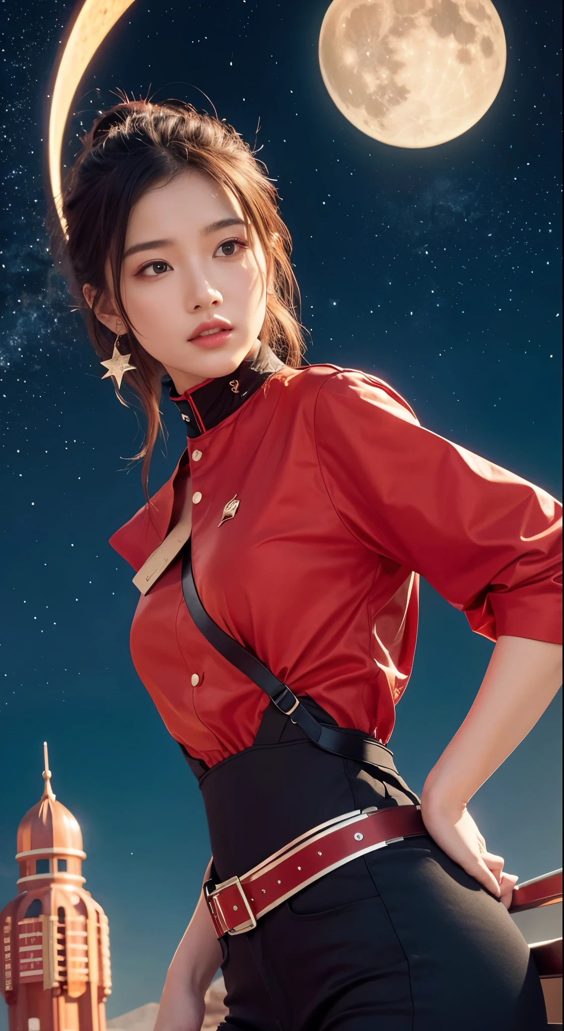 (masterpiece)、(Highest quality)、(The finest details)、(Distant general view)、(Edge wear paper)、(The main color of the illustration:Ultra Red)、(Secondary Color:sky blue)、Sexy posture、非常にdetailedな顔、Futuristic style vintage advertising poster、Western futuristic landscape、night(Many Stars、moon)、shading(detailed、A lot of contrast)