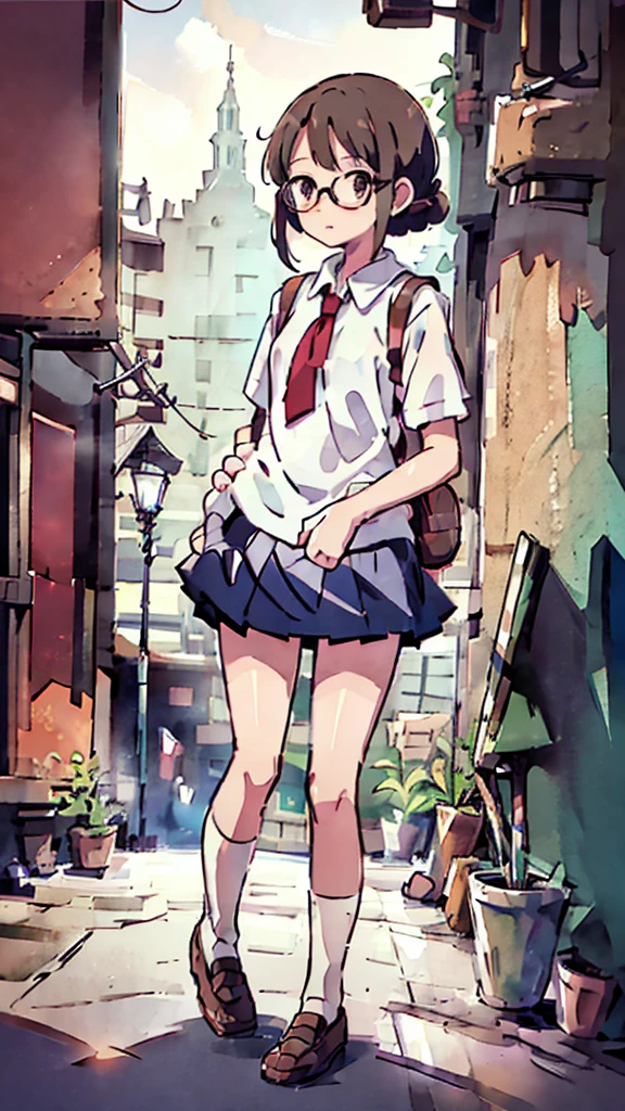 Nsfw、masterpiece, high quality, 4K, HDR,, Stable Diffusion prompt:  girl with short、brown hair and red-framed glasses, wearing a white blouse and navy skirt, white panties visible, navy socks and brown loafers, in a state of arousal and trembling with sexual climax,simple illustration style, in a nichijou (everyday life) setting