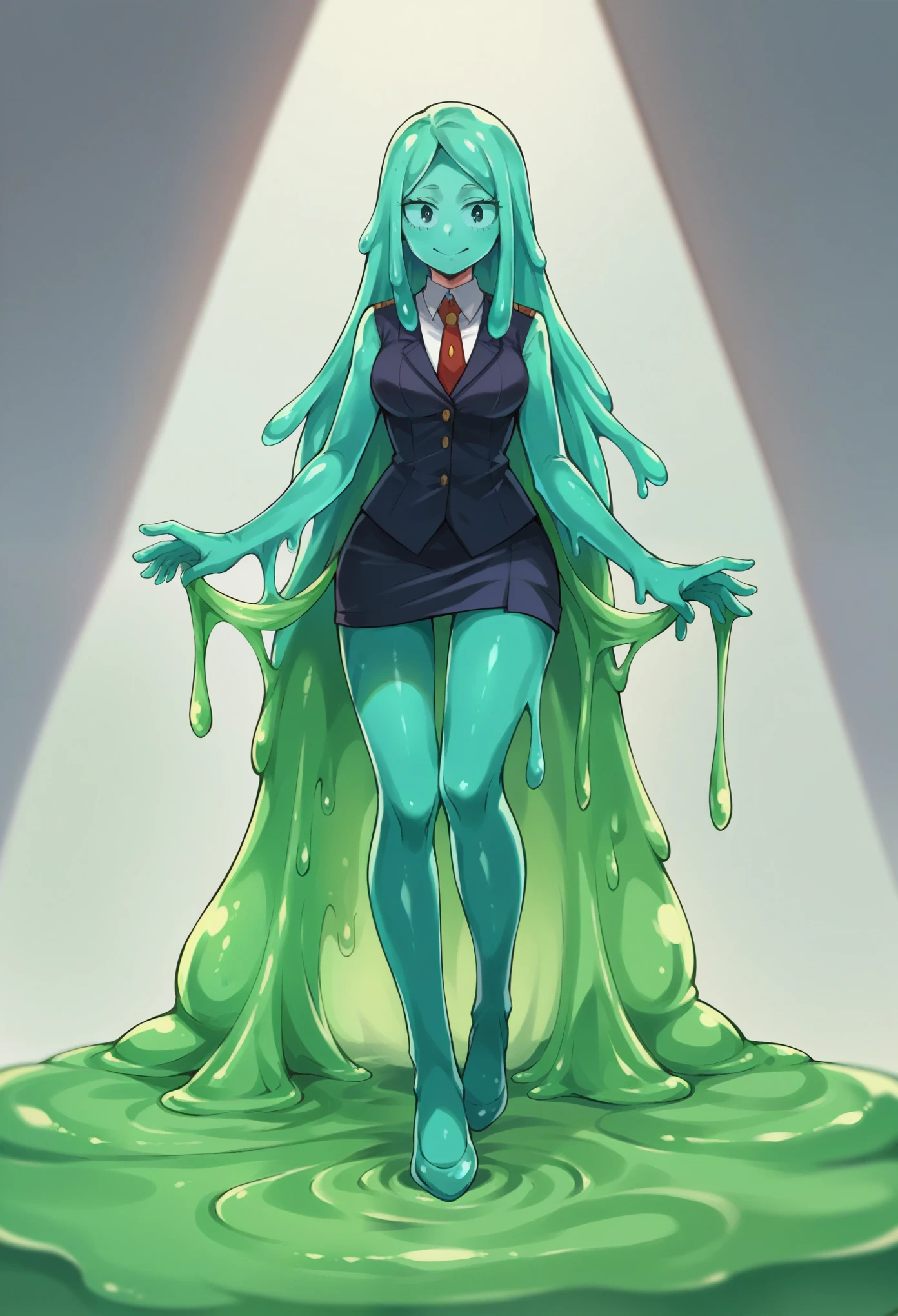 slime girl caminando, blue skin, soft fashion, Long hair with green tips., tentacles, slime tentacles, slime boy, Alone, slimegirlnsfw, My Hero Academia, tentacles,  depth of field, Access, detailed, elegant, slime girl. My hero academia School, tentacle glue, full body shot. 