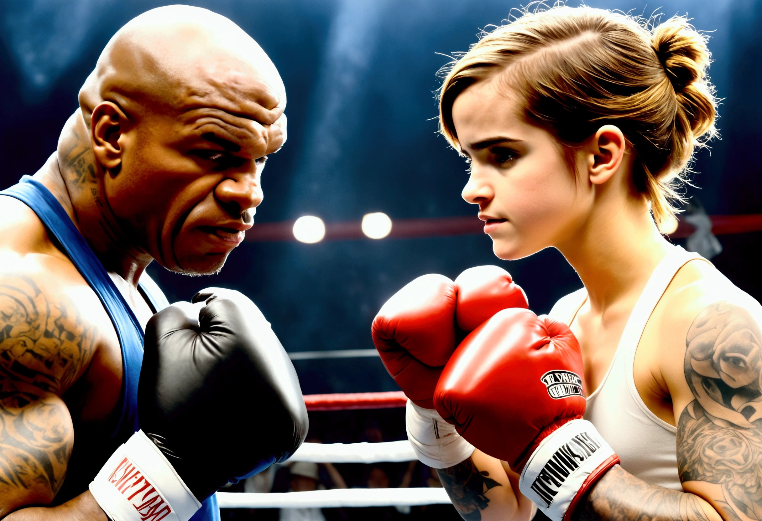 (Extreme complexity, two subjects fighting) (subject 1: Emma Watson, age 14, cute Olympic boxing outfit, in a boxing stance.) She is in the boxing ring facing (Subject 2: Mike Tyson (age 30, in his muscular prime, scary tattoos, fighting stance))