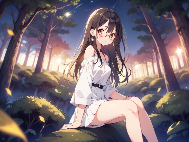 ((best quality, high resolution)), (delicate illustration), (pastelcolor style illustration:0.4), (watercolor style illustration:0.4), ((beautiful:1.3)), 4k,Perfect Anatomy,1girl, leaning against a tree in the middle of the forest, sitting, brown eyes are shining and cute,black hair,long hair,(red-rimless eyewear:1.2),star earrings, soft smile, wind effect, raising a hand against the viewer, white top, light yellow miniskirt, night time, fireflies, forest, big trees, fungus on trees,