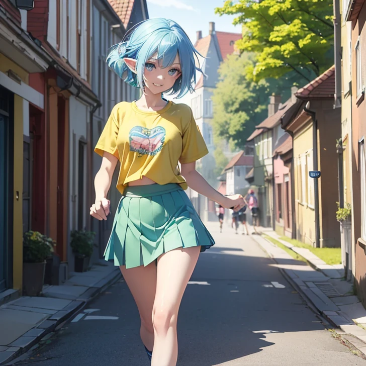 Absurdres, masterpiece, highest quality, very detailed features and textures, alone solo character, anime style, fantasy genre
{{( blue haired elf girl: (pale skin, short messy spiky sapphire-blue hair, heterochromatic eyes, very thin lips, nice teenage bodyeasts, big butt, beautiful arms, beautiful legs, happy face, open smile, running happy), (yellow shirt, green skirt, pink shoes), (danish city street, sunny morning, danish houses around)}}