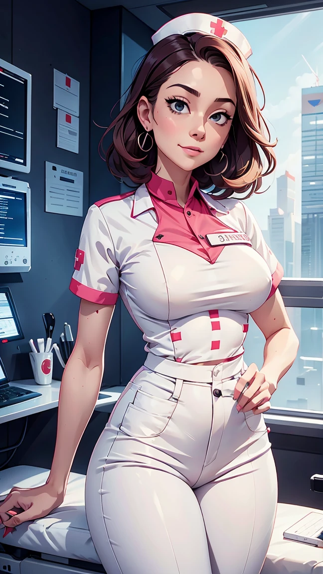 tall girl, shorth hair, Linda, happy nurse works in a hospital, nurse shirt, white nurse pants, futuristic design,