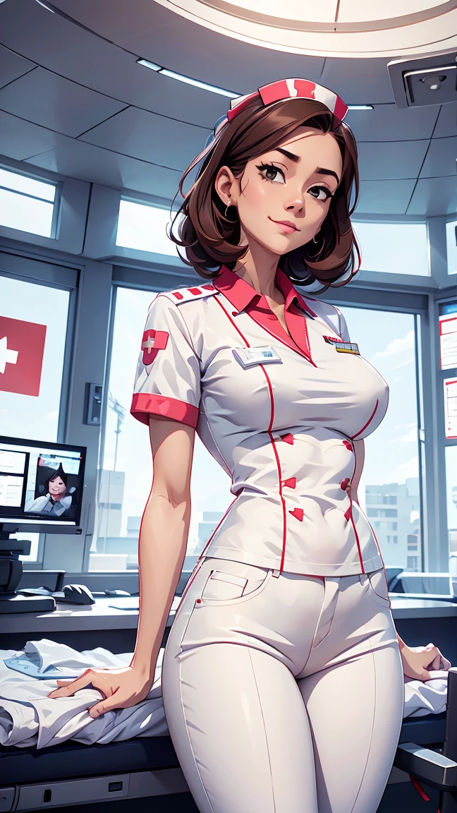 tall girl, shorth hair, Linda, happy nurse works in a hospital, nurse shirt, white nurse pants, futuristic design,