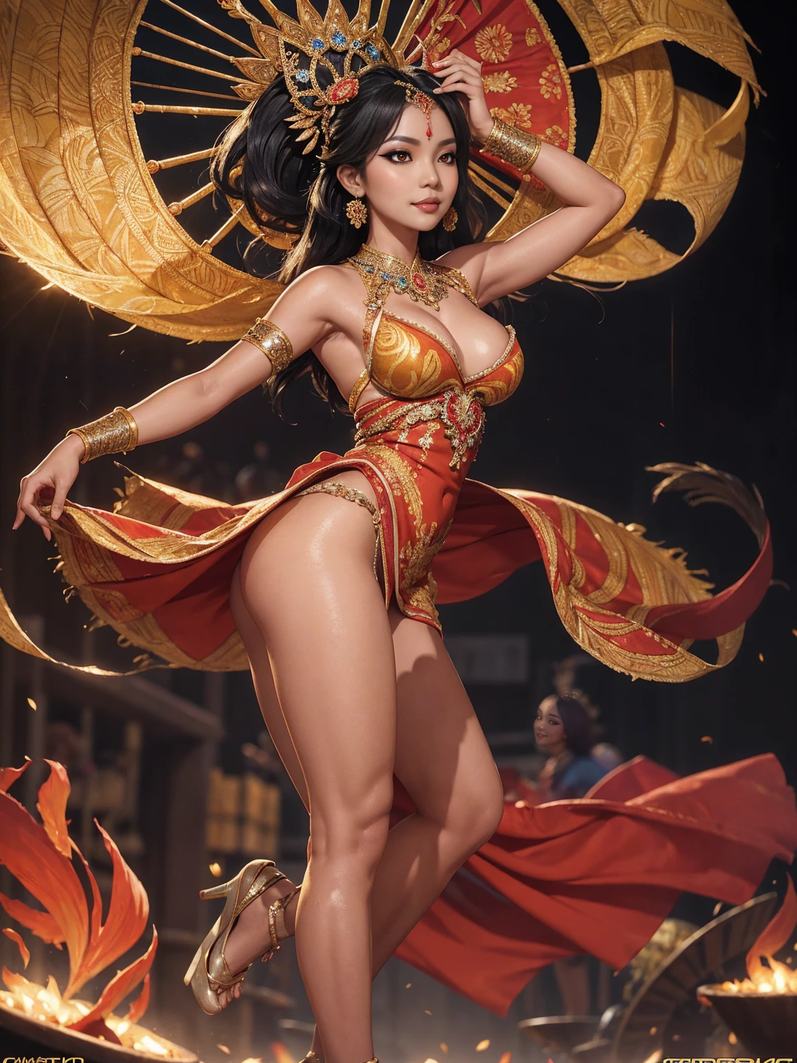 high resolucion, Masterpiece, Best Quality, ((Hasselblad photo)), Sharp focus, (Cinematic lighting), Soft lighting, Dynamic Angle, girls, Mature Indonesian woman, (Wearing a Indonesia dance dress:1.2), carnival, Indonesia dress, fine detailed skin, Very long wavy black hair, Highly detailed hair, high heels,large full breasts,bare chest,a narrow waist,bare ass,big size ass,bare belly,sparkly skin,exotic, sexy, intriciate detail, ((Cinematic light)),((batik)), , Indonesia, carnival, Colors, 8K