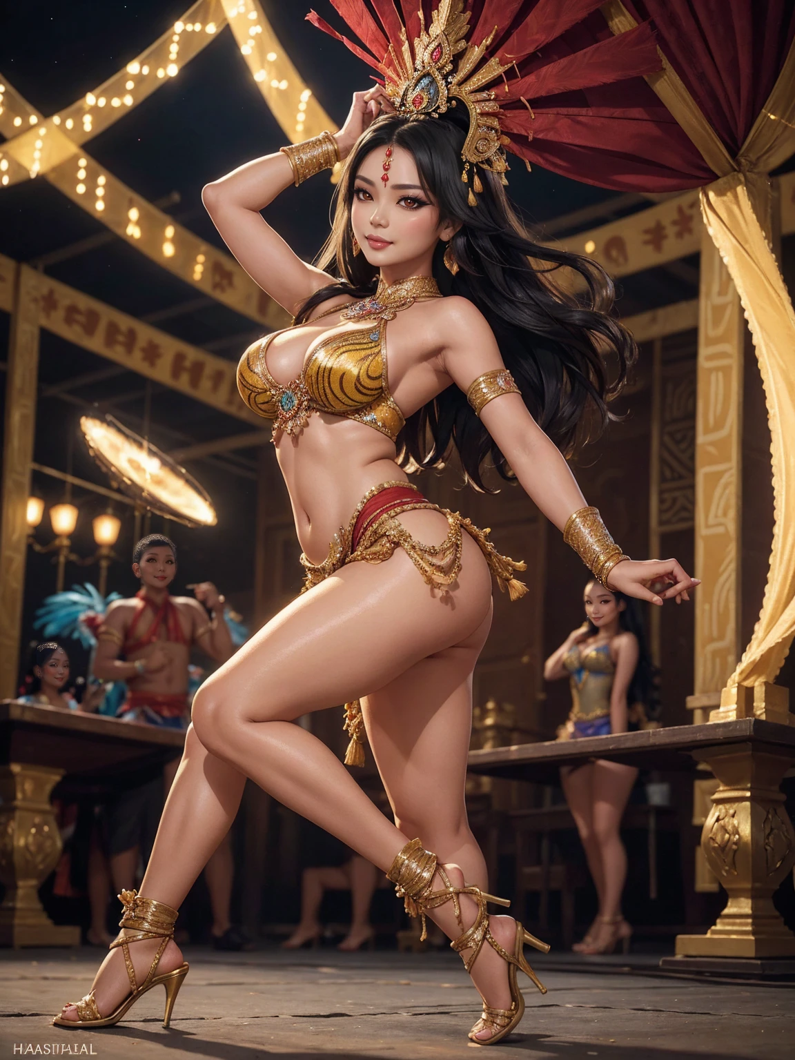 high resolucion, Masterpiece, Best Quality, ((Hasselblad photo)), Sharp focus, (Cinematic lighting), Soft lighting, Dynamic Angle, girls, Mature Indonesian woman, (Wearing a Indonesia dance dress:1.2), carnival, Indonesia dress, fine detailed skin, Very long wavy black hair, Highly detailed hair, high heels,large full breasts,bare chest,a narrow waist,bare ass,big size ass,bare belly,sparkly skin,exotic, sexy, intriciate detail, ((Cinematic light)),((batik)), , Indonesia, carnival, Colors, 8K