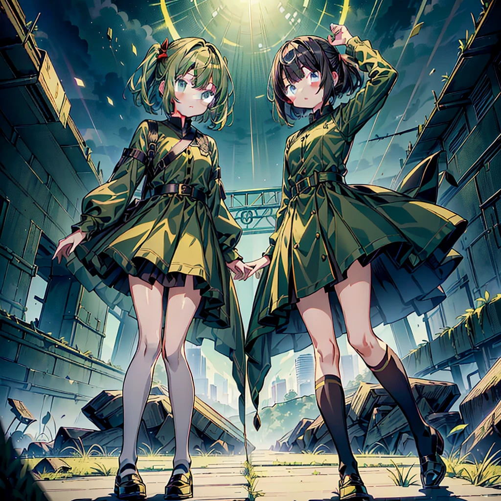 1girl、Green background、(((Highest quality、Masterpiece、Official Art、Super detailed、Golden Ratio、Anime Style、The best dynamic composition)))、Keyakizaka46、Silent Majority、Dark green dress、A-type dress、Above the knee、Black knee-high socks、Black Loafers、uniform、Red ribbon on chest、White shirt、