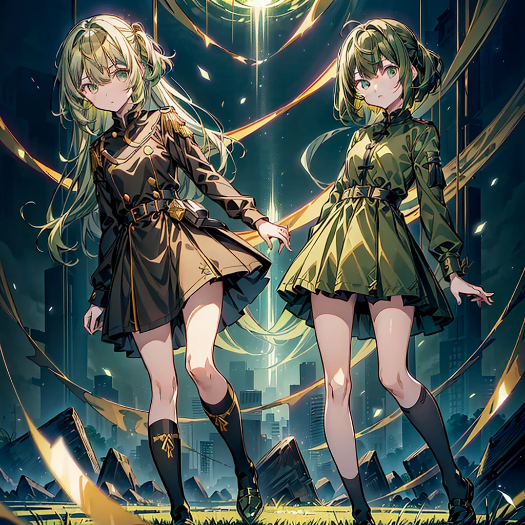 1girl、Green background、(((Highest quality、Masterpiece、Official Art、Super detailed、Golden Ratio、Anime Style、The best dynamic composition)))、Keyakizaka46、Silent Majority、Dark green dress、A-type dress、Above the knee、Black knee-high socks、Black Loafers、uniform、Red ribbon on chest、White shirt、