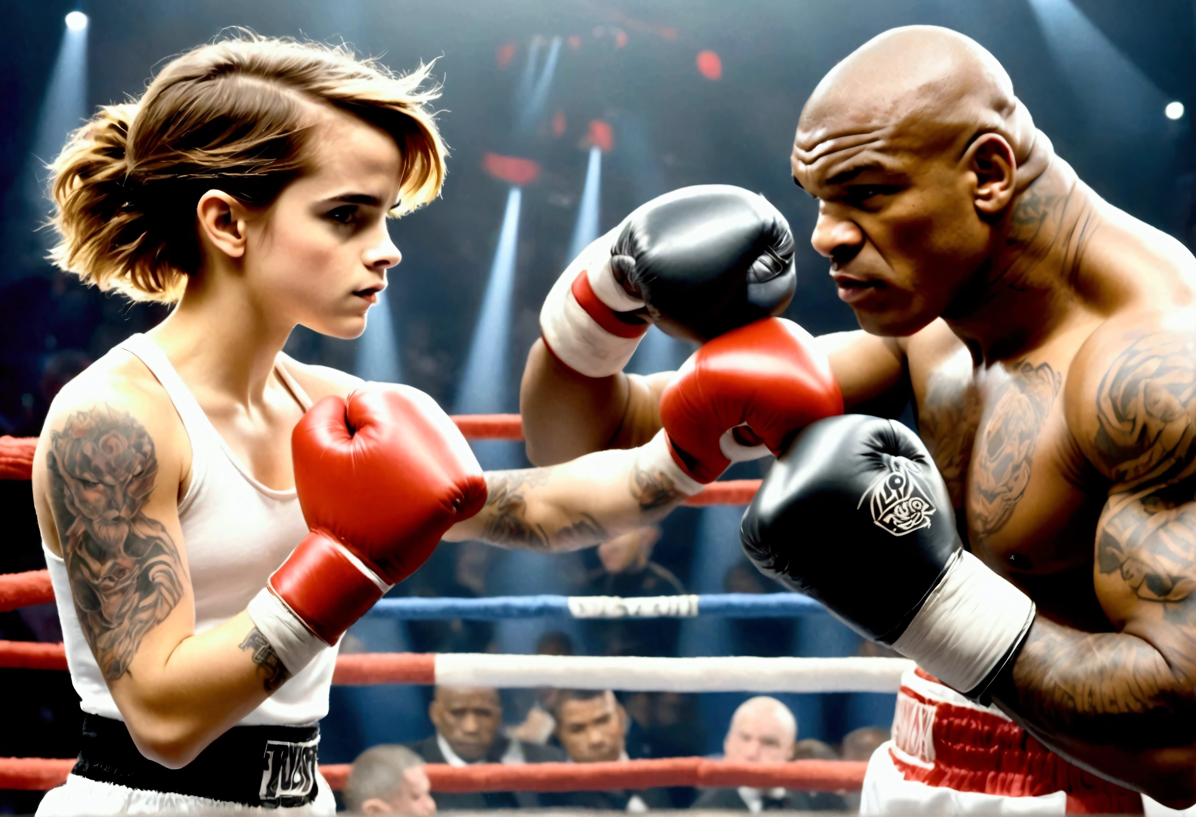 (Extreme complexity, two subjects fighting) (subject 1: Emma Watson, age 14, cute Olympic boxing outfit, in a boxing stance.) She is in the boxing ring facing (Subject 2: Mike Tyson (age 30, in his muscular prime, scary tattoos, fighting stance))