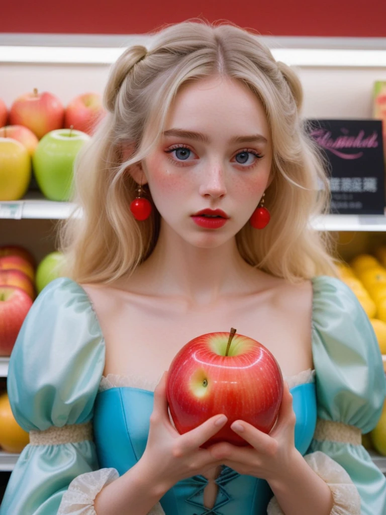 brightly-lit supermarket, a young woman is holding a strange and unusually large glowing apple, wrapped in a translucent film, and its glow illuminates the woman's face, casting an ethereal light on her pale, flawless skin. She has pale freckled still, delicate features, and long blonde hair. dark mascara, dark eyeliner, glossy, red lipstick, She is dressed in a tight rococo mini-dress. puffy sleeves, Her eyes are downcast, and her expressive face is tinged with sadness, as if she is embarrassed to be seen with the unusual apple. 