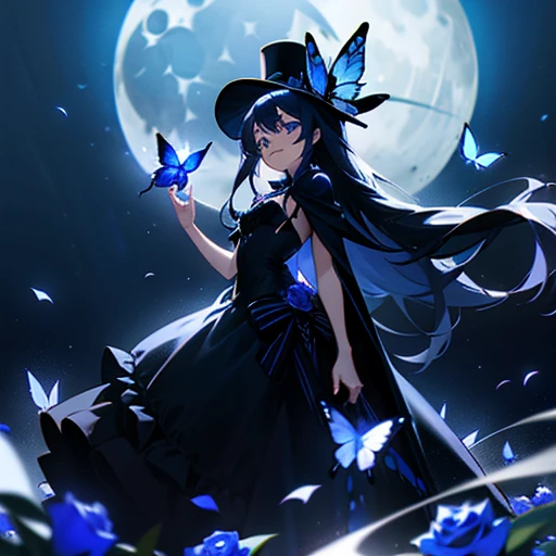 1 Female, Young girl, Thief, Blue Rose, Small Top Hat, Dark navy long hair, Blue Eyes, Black Gothic Lolita, Black Cape, Show a triumphant smile, Blue glowing butterfly, Blue rose petals fluttering, beautiful, Standing with the white shining moon at my back, Backlight, looking at the camera