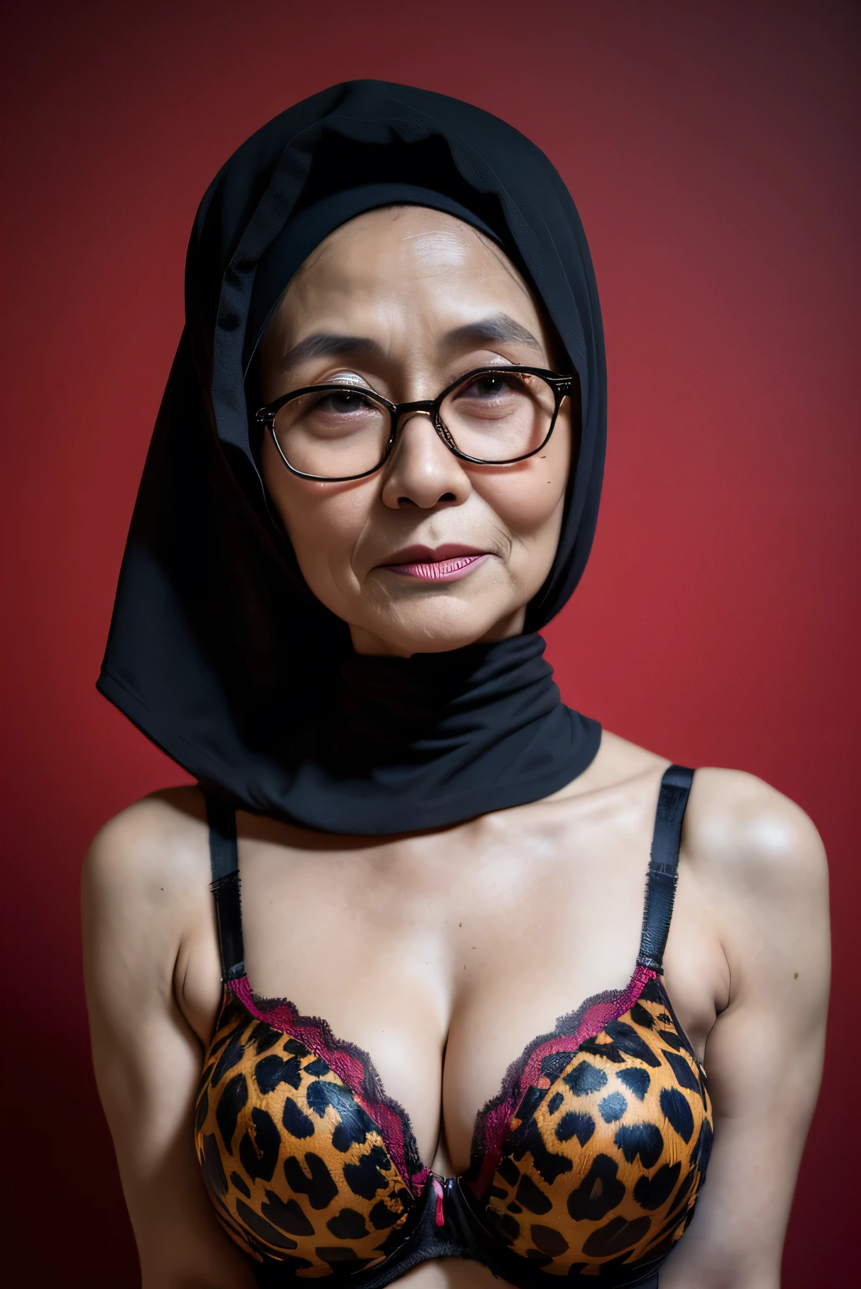 Spectacles, ((Old body lady:1.2)), ((Old lady:1.7)), (Happy smile), (((HIJAB MALAY GIRL))), masutepiece, High quality, UHD 32K, Realistic face, Realistic skin feeling , A Japanese Lady, 58 years old matured lady, , Very cute and baby-like face, (((FLAT CHEST))), (Night time at forest), ((look In front  at the camera and SADNESS)), (((CUTE GIRL))), ((DARK RED FLUORESCENT LIPS)), ((Leopars Pattern)) little ((wearing strapless bra)), strapless colorful bra, dark night background , black forest night, horror scary place, (from behind up) seductive pose, ((Huge bra:1.6)) Heavy Nipples, ((RED BACKGROUND))