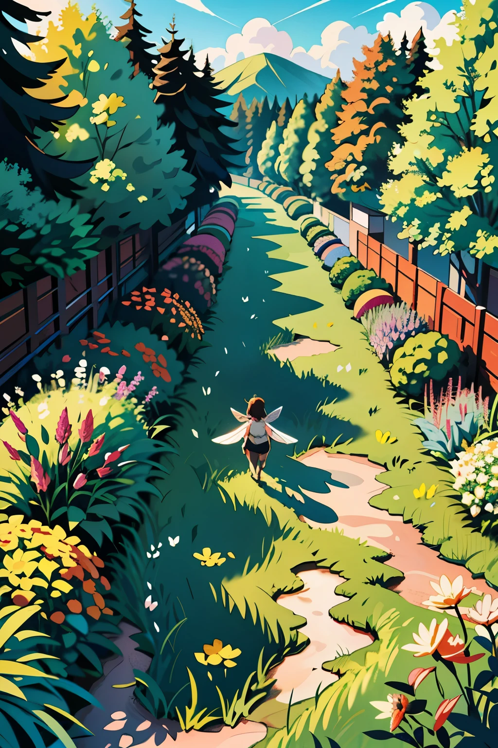 Masterpiece, best quality) Nature-themed Illustration, Group of Bees, 4K Ultra HD: 1.5, Detailed: 1.6, intricate wings and body structure of individual bees, Aerial perspective, 1.7, panoramic view of a park, 1.8, vibrant greenery, well-maintained lawns, benches, pathways, 1.9, gradual emptiness as bees depart, 2.0, withered flowers convey passage of time, 2.1, changing sky, from bright blue to soft hues of orange and pink, conveying a serene and peaceful atmosphere.