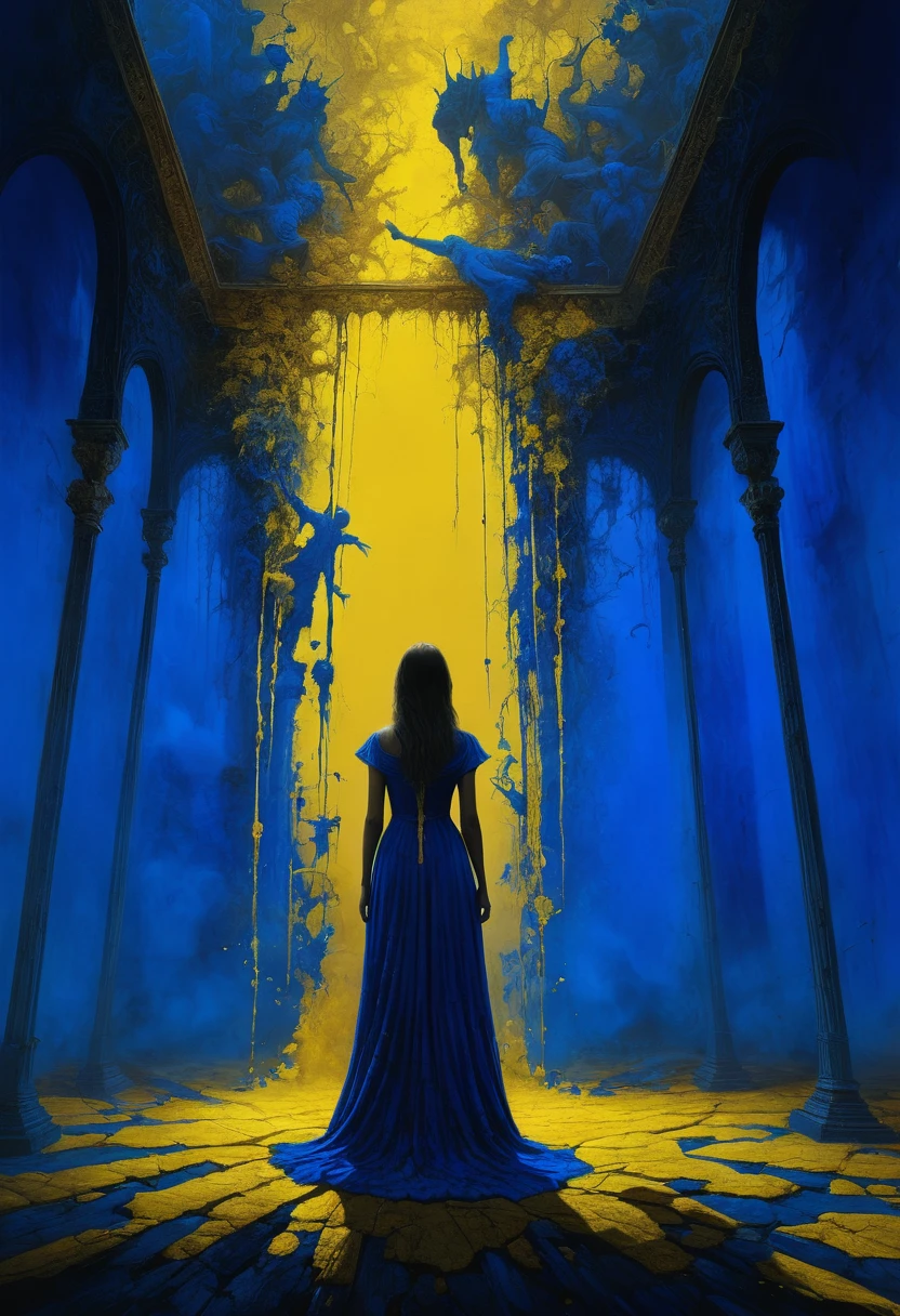 Raising hell creating discord, storytelling artwork, little characters, horror movie scene, blue and yellow, royal blue and golden yellow, 4D, 8K, photorealistic, dreamlike, silhouette of a woman dress, big and complex composition, masterpiece, artwork by Beksinski, artwork by Bernie Wrightson